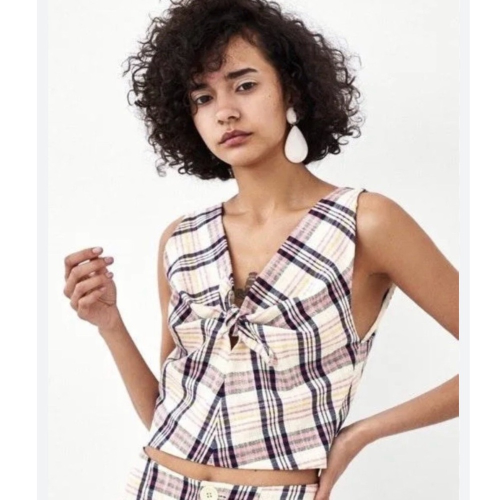 ZARA TRF Plaid Sleeveless Top Size Small Side Zip Front Knot Cropped